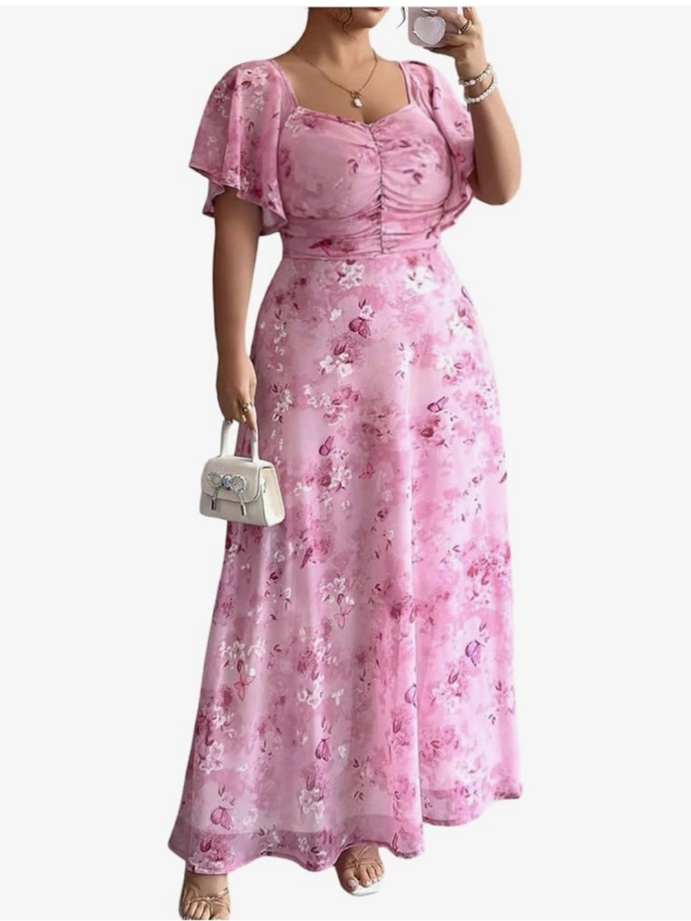 Pink Floral Maxi Dress with Ruched Bodice